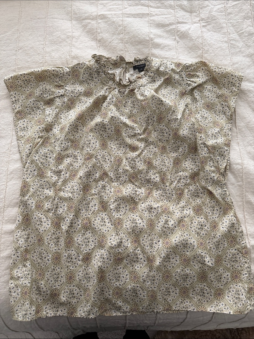 Ann Taylor Cream Medallion Print Ruffle Neck Blouse